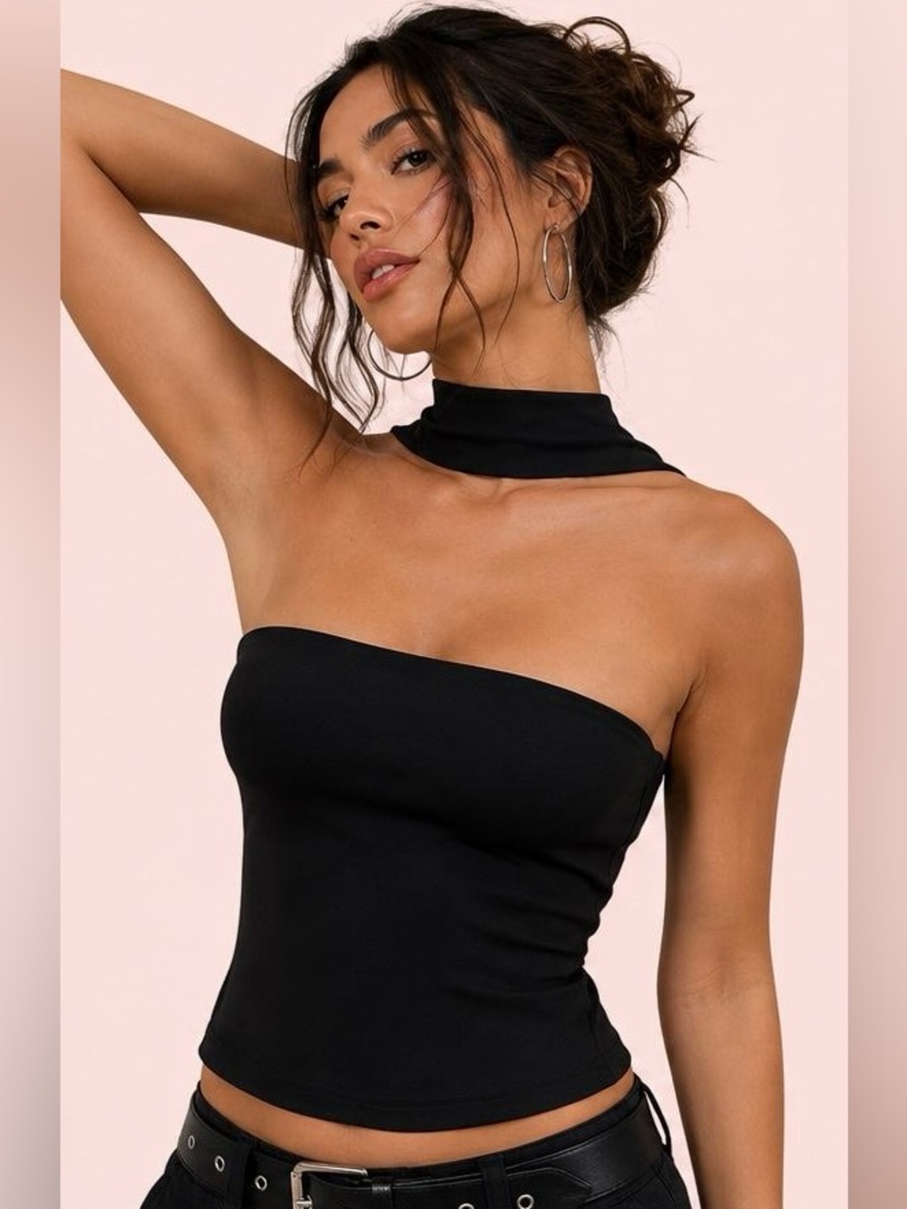 Asymmetric Black Halter Cutout Top